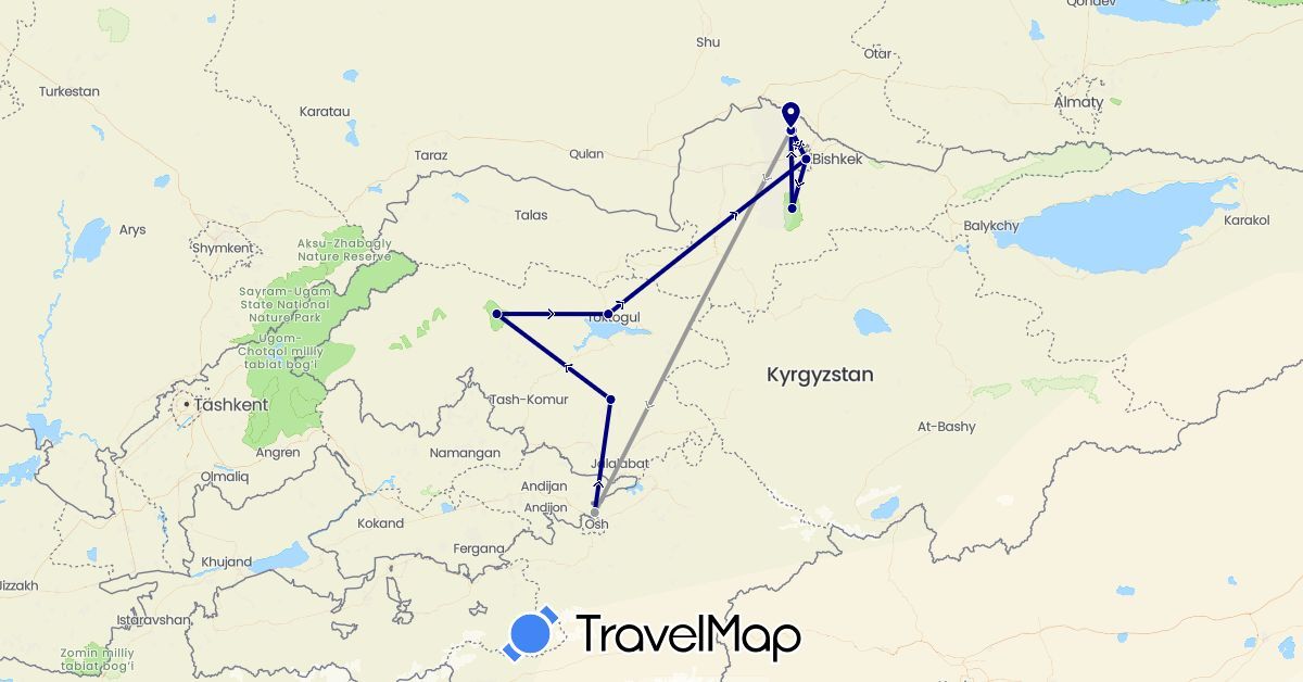 TravelMap itinerary: driving, plane in Kyrgyzstan (Asia)