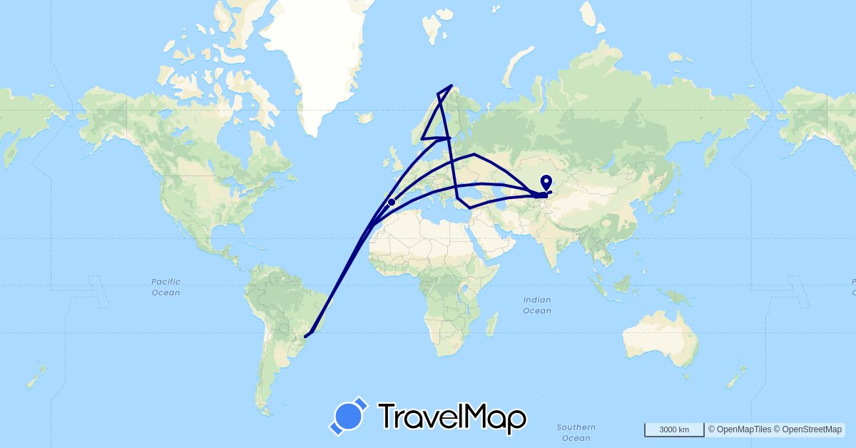 TravelMap itinerary: driving in Brazil, Spain, Finland, Kyrgyzstan, Kazakhstan, Norway, Portugal, Russia, Sweden, Turkey, Uzbekistan (Asia, Europe, South America)